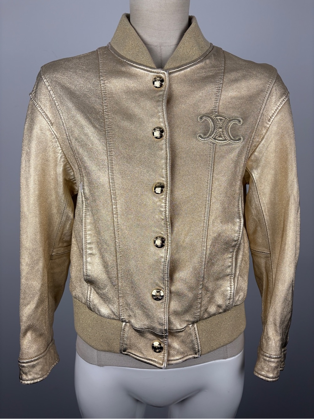CELINE Paris Gold Metallic Lambskin Triomphe Bomber Jacket Size M